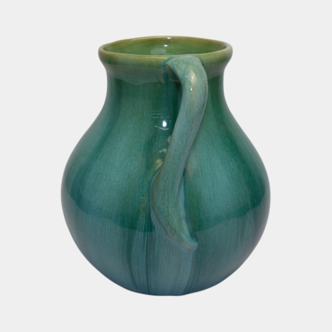 Weller Nile 1930s Vintage Art Deco Pottery Blue Green Drip Twist Handled Vase