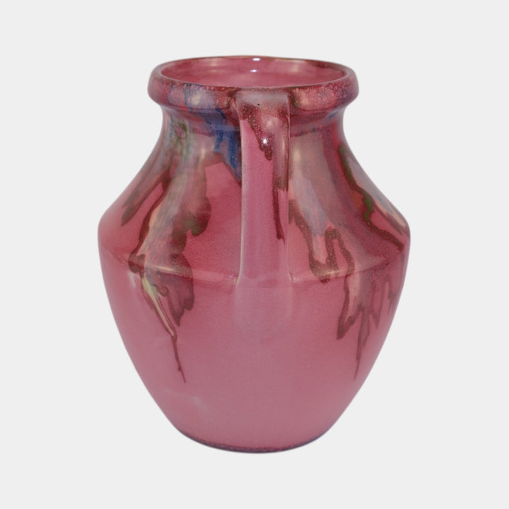 Weller Juneau 1920s Vintage Art Deco Pottery Red Pink Handled Ceramic Vase