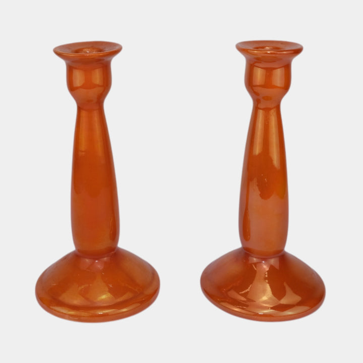 Weller Lustre 1920 Vintage Art Deco Orange Iridescent Ceramic Candle Holders - Just Art Pottery
