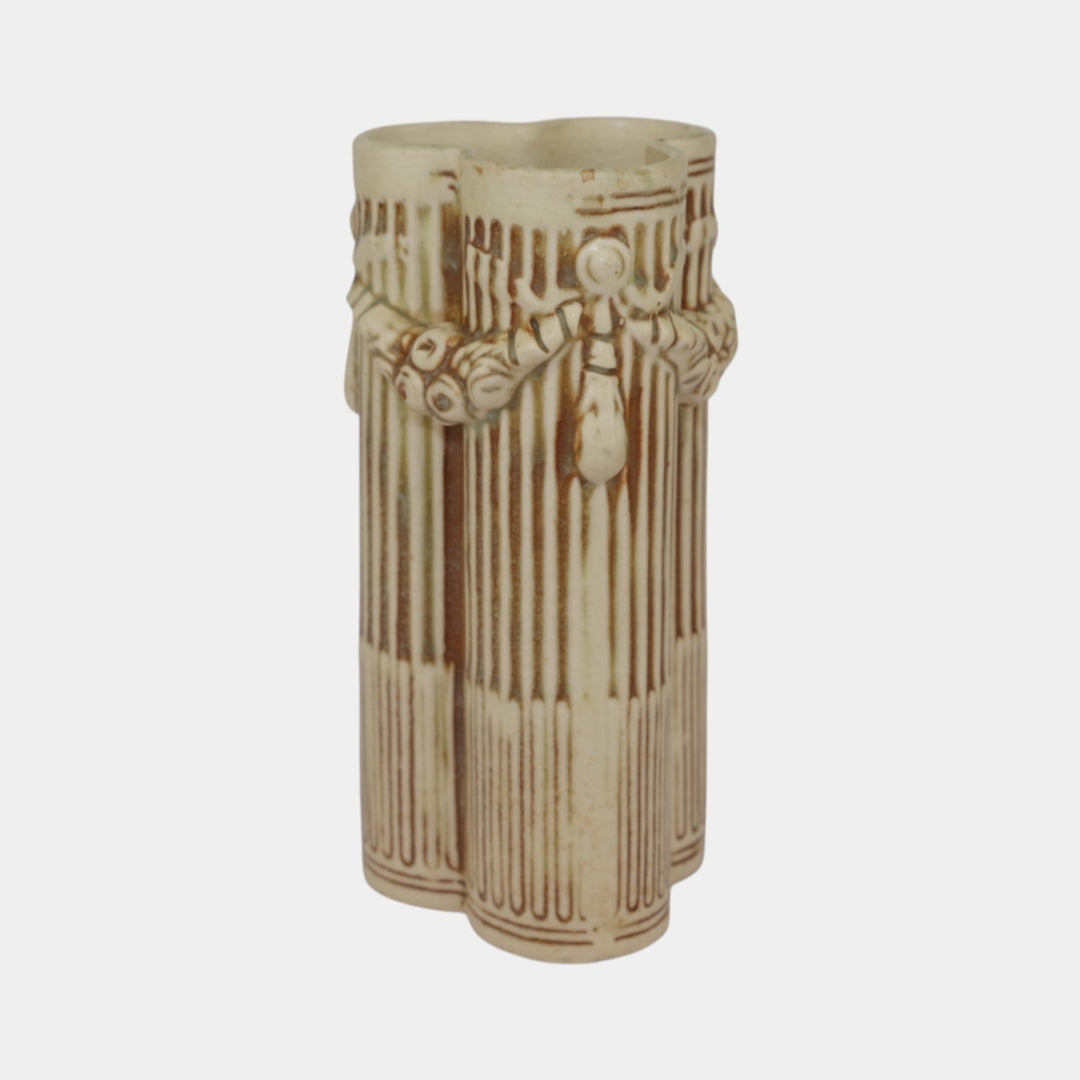 Weller Clinton Ivory 1914 Vintage Art Pottery Ceramic Tri Column Vase