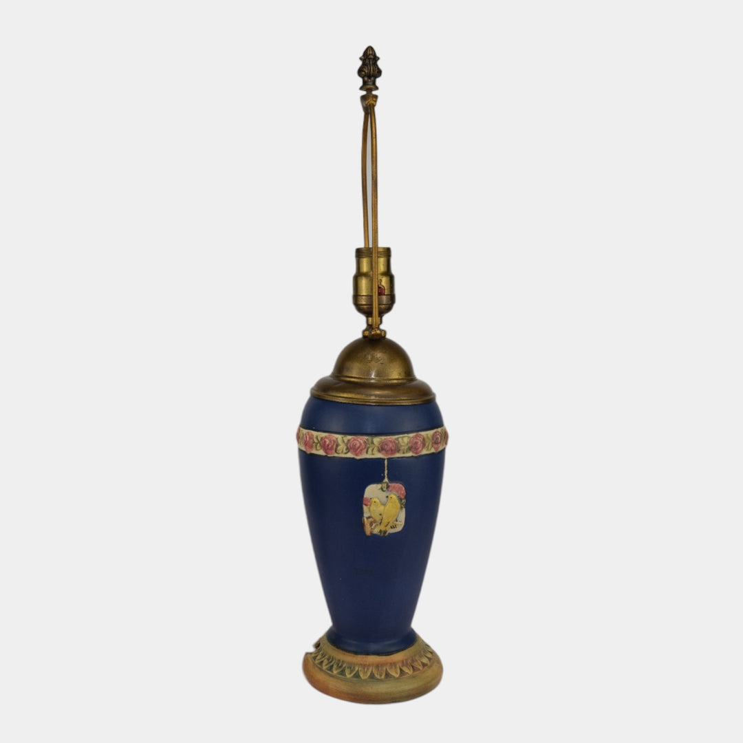 Weller Pottery Hudson Yellow Bird Medallion Blue Ware 1920s Factory Lamp - Just Art Pottery