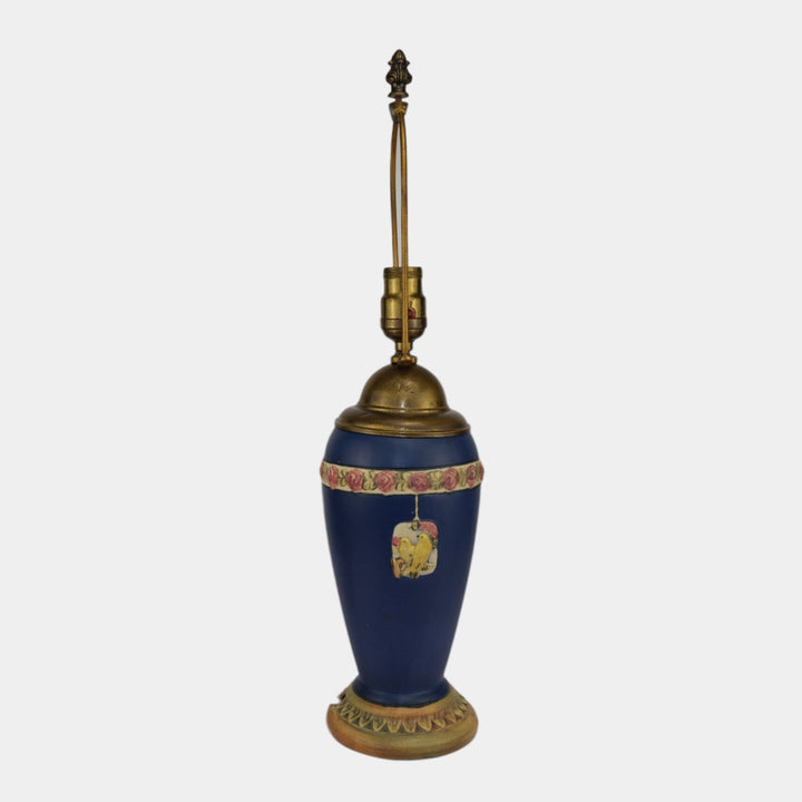 Weller Pottery Hudson Yellow Bird Medallion Blue Ware 1920s Factory Lamp - Just Art Pottery