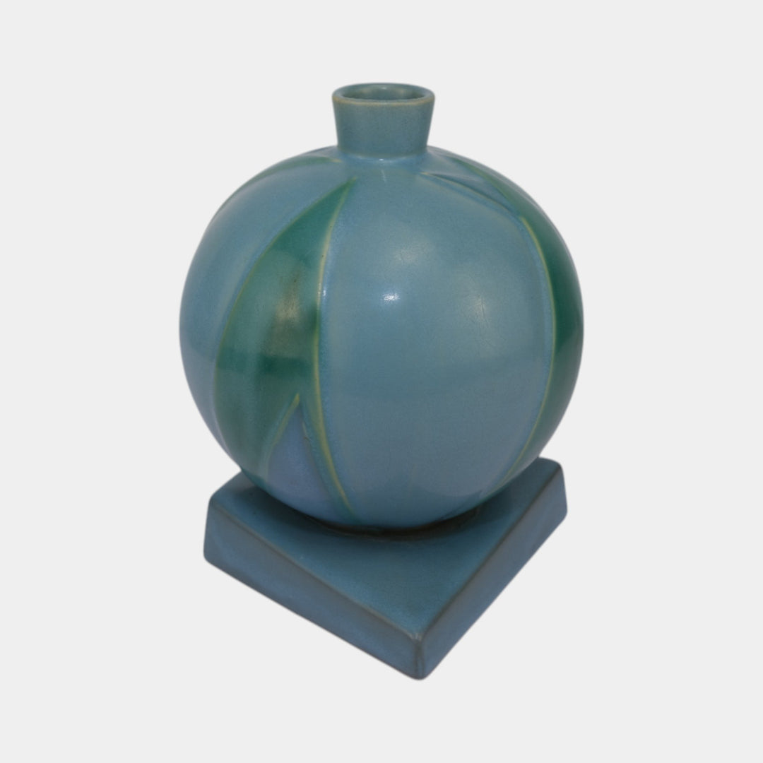Roseville Futura Blue 1928 Vintage Art Deco Pottery Bamboo Leaf Ball Vase 387-7 - Just Art Pottery