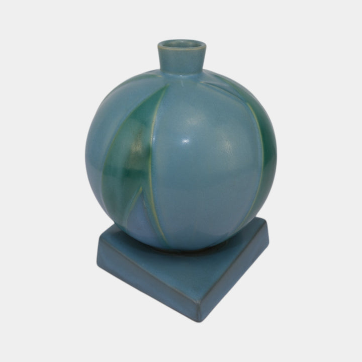 Roseville Futura Blue 1928 Vintage Art Deco Pottery Bamboo Leaf Ball Vase 387-7 - Just Art Pottery