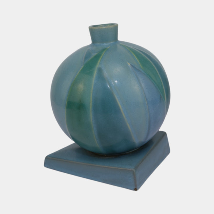 Roseville Futura Blue 1928 Vintage Art Deco Pottery Bamboo Leaf Ball Vase 387-7 - Just Art Pottery