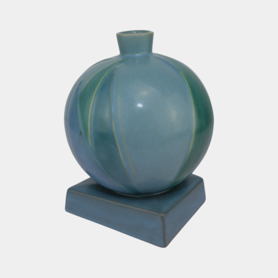 Roseville Futura Blue 1928 Vintage Art Deco Pottery Bamboo Leaf Ball Vase 387-7