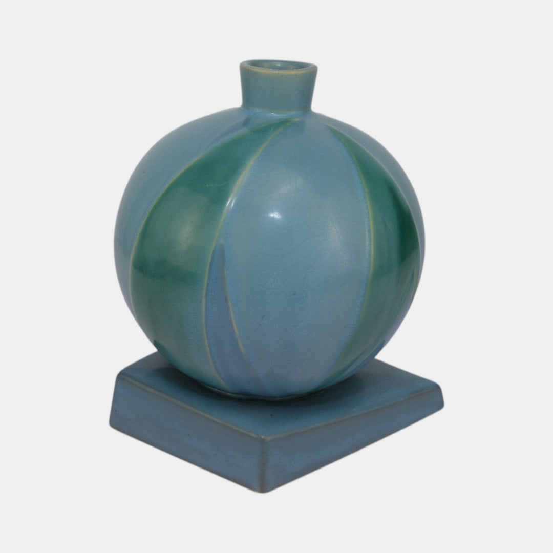Roseville Futura Blue 1928 Vintage Art Deco Pottery Bamboo Leaf Ball Vase 387-7 - Just Art Pottery