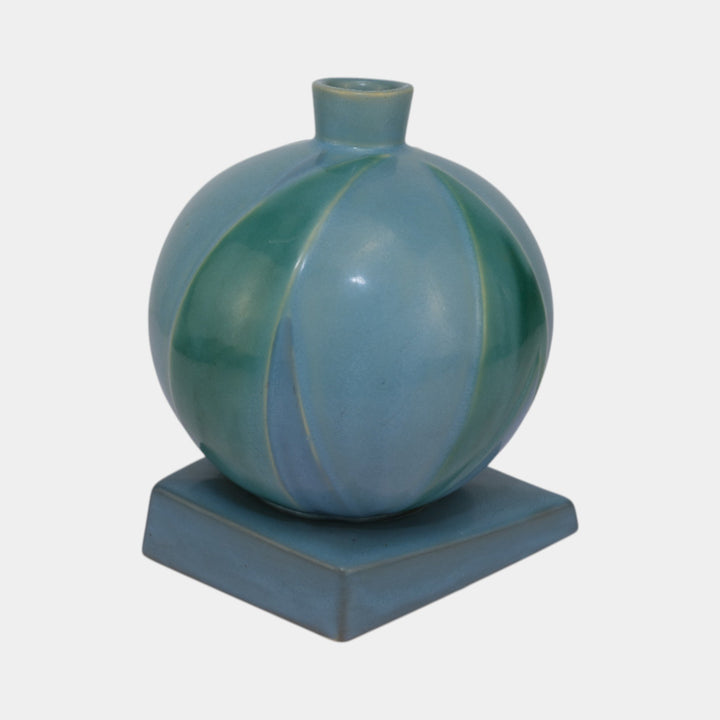 Roseville Futura Blue 1928 Vintage Art Deco Pottery Bamboo Leaf Ball Vase 387-7 - Just Art Pottery