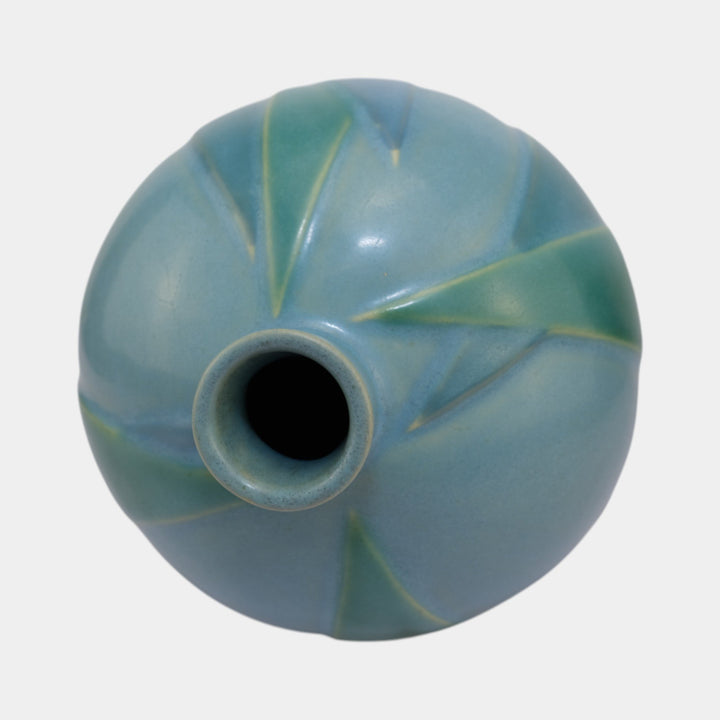 Roseville Futura Blue 1928 Vintage Art Deco Pottery Bamboo Leaf Ball Vase 387-7 - Just Art Pottery
