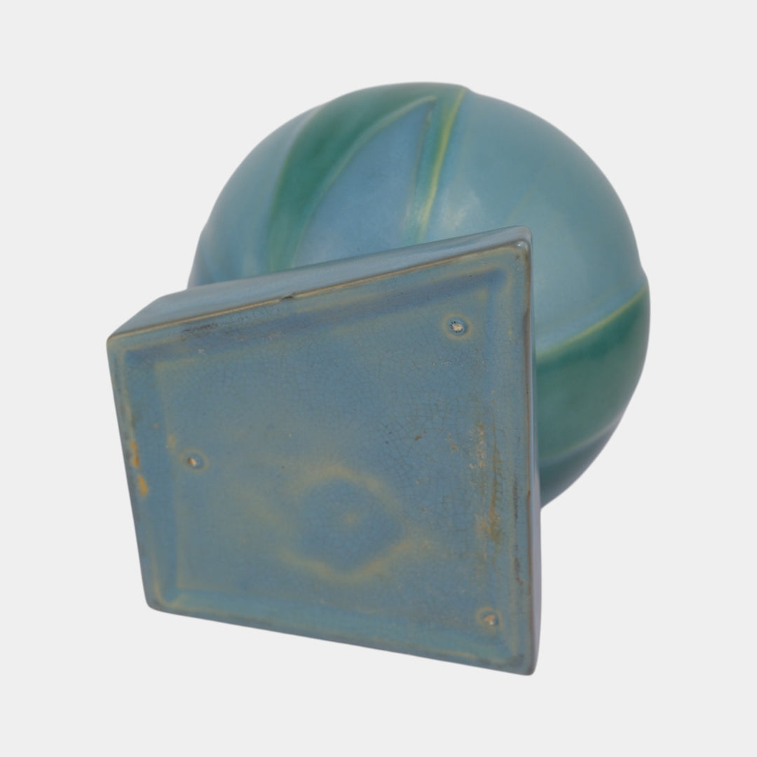 Roseville Futura Blue 1928 Vintage Art Deco Pottery Bamboo Leaf Ball Vase 387-7 - Just Art Pottery