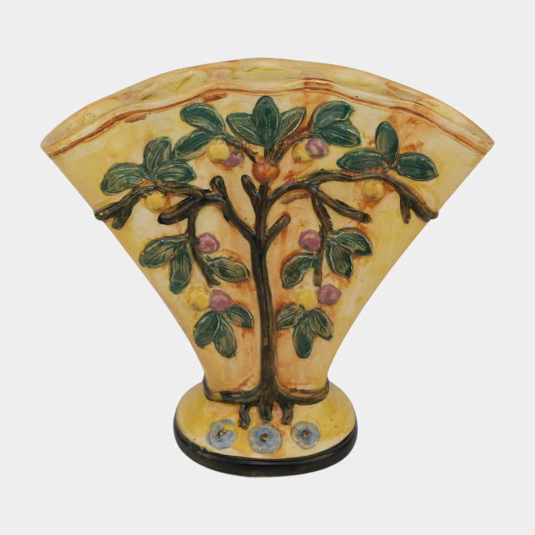 Weller Voile 1920s Vintage Art Pottery Apple Tree And Flowers Ceramic Fan Vase - Just Art Pottery