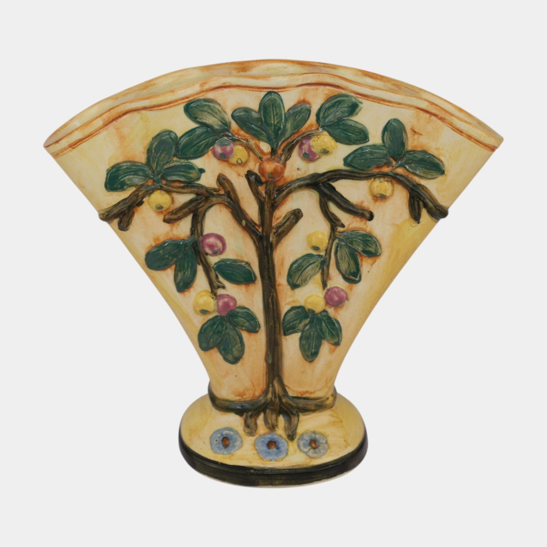 Weller Voile 1920s Vintage Art Pottery Apple Tree And Flowers Ceramic Fan Vase - Just Art Pottery