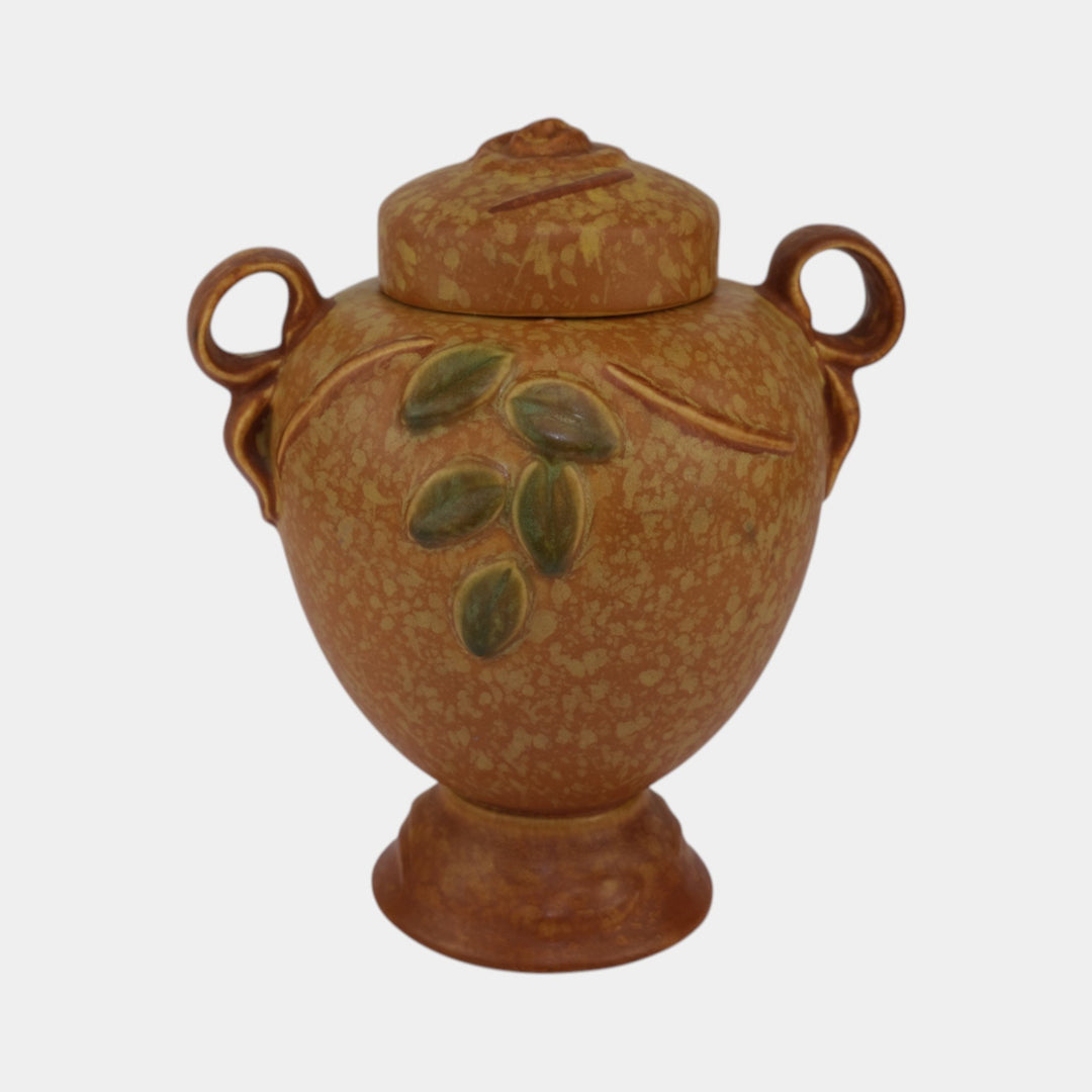 Weller Goldenglow 1920s Vintage Art Pottery Mottled Orange Covered Jar - Just Art Pottery