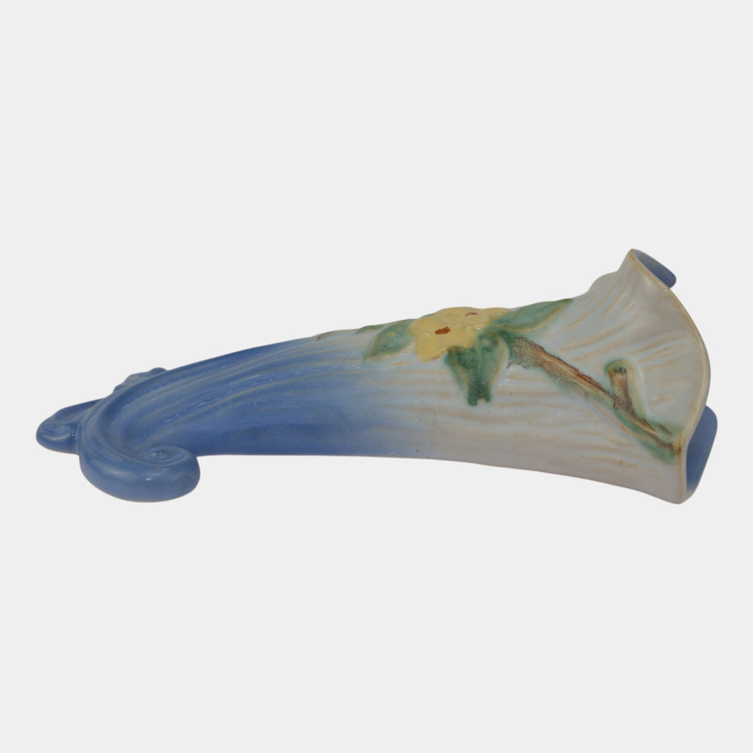Weller Roba 1930s Vintage Art Pottery White Floral Blue Wall Pocket - Just Art Pottery