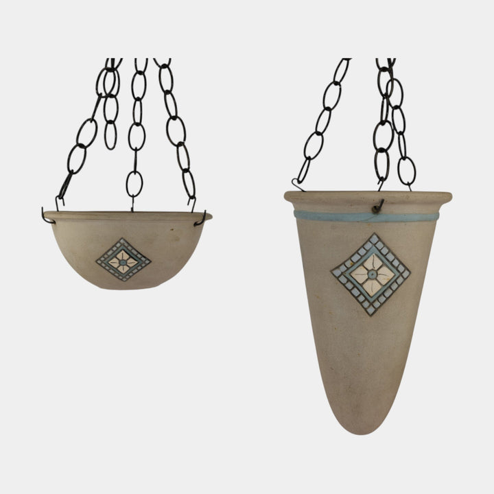 Weller Parian 1924 Pottery Geometric Gray Stoneware Planter Hanging Baskets