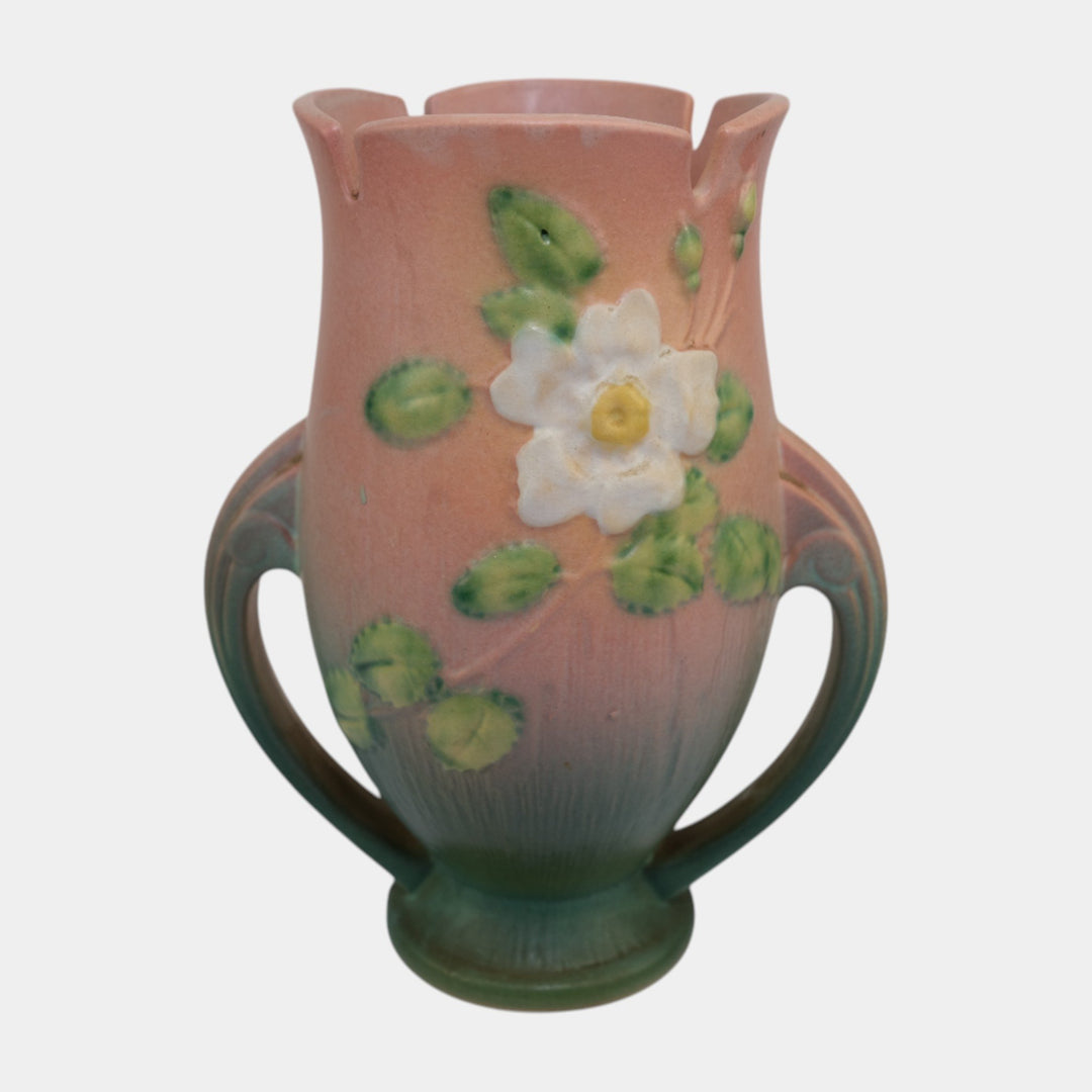 Roseville White Rose Pink 1940 Vintage Art Deco Pottery Ceramic Vase 986-9