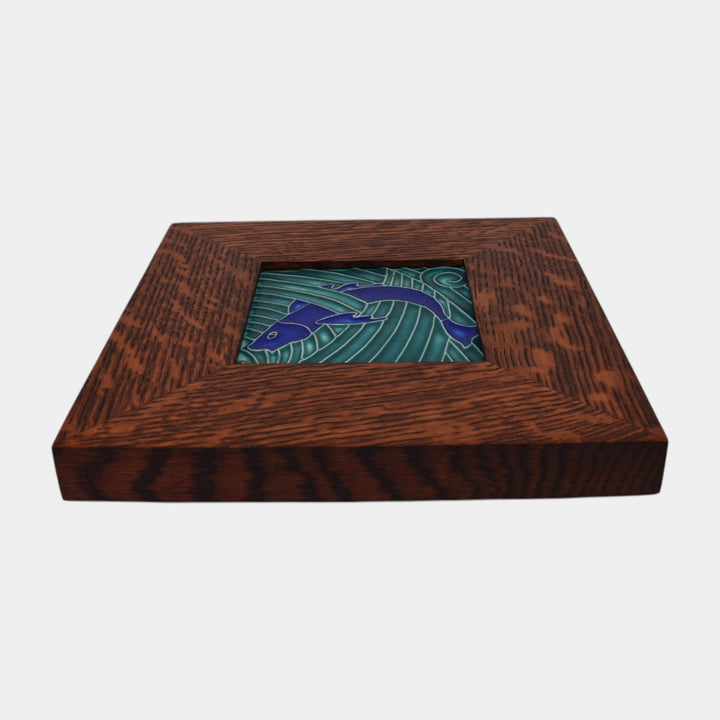 Motawi Tileworks Hand Made Art Pottery Blue Stylized Fish Framed Tile