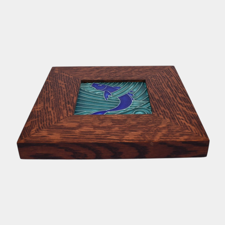 Motawi Tileworks Hand Made Art Pottery Blue Stylized Fish Framed Tile