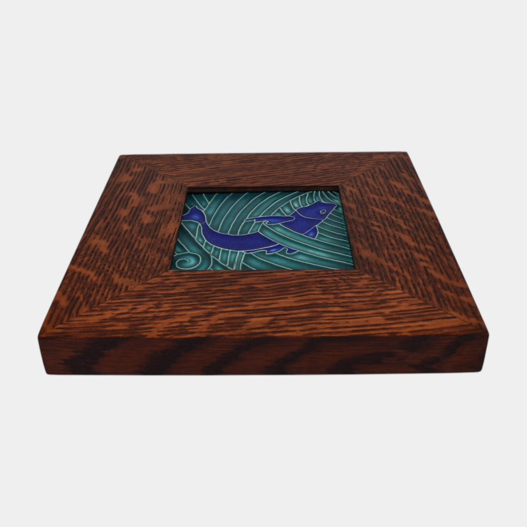 Motawi Tileworks Hand Made Art Pottery Blue Stylized Fish Framed Tile
