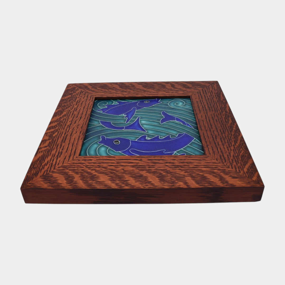 Motawi Tileworks Hand Made Art Pottery Blue Stylized Fish Framed Tile