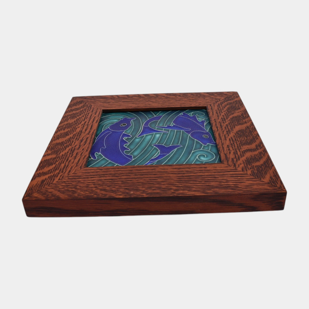 Motawi Tileworks Hand Made Art Pottery Blue Stylized Fish Framed Tile