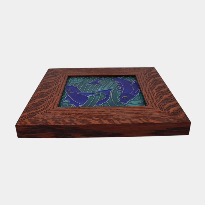 Motawi Tileworks Hand Made Art Pottery Blue Stylized Fish Framed Tile