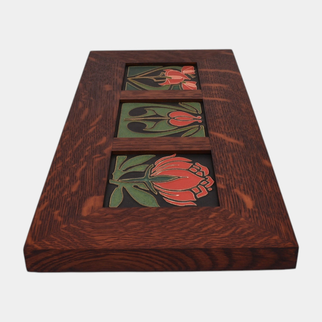 Motawi Tileworks Freesia Tulip Peony Flower Trio Oak Framed Tiles