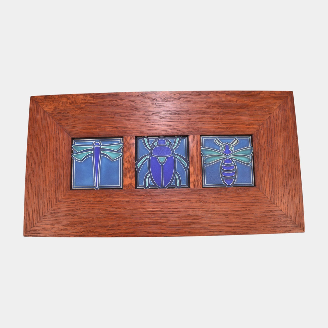 Motawi Tileworks Dragonfly, Scarab, And Bee Art Pottery Blue Teal Framed Tiles - Just Art Pottery