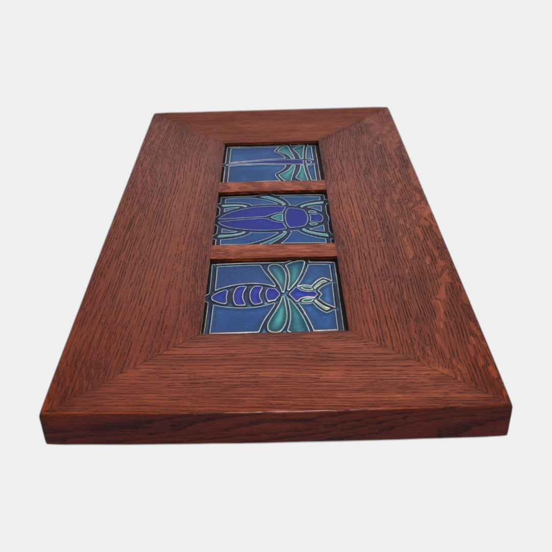 Motawi Tileworks Dragonfly, Scarab, And Bee Art Pottery Blue Teal Framed Tiles - Just Art Pottery