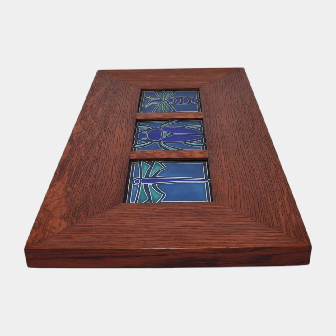 Motawi Tileworks Dragonfly, Scarab, And Bee Art Pottery Blue Teal Framed Tiles - Just Art Pottery