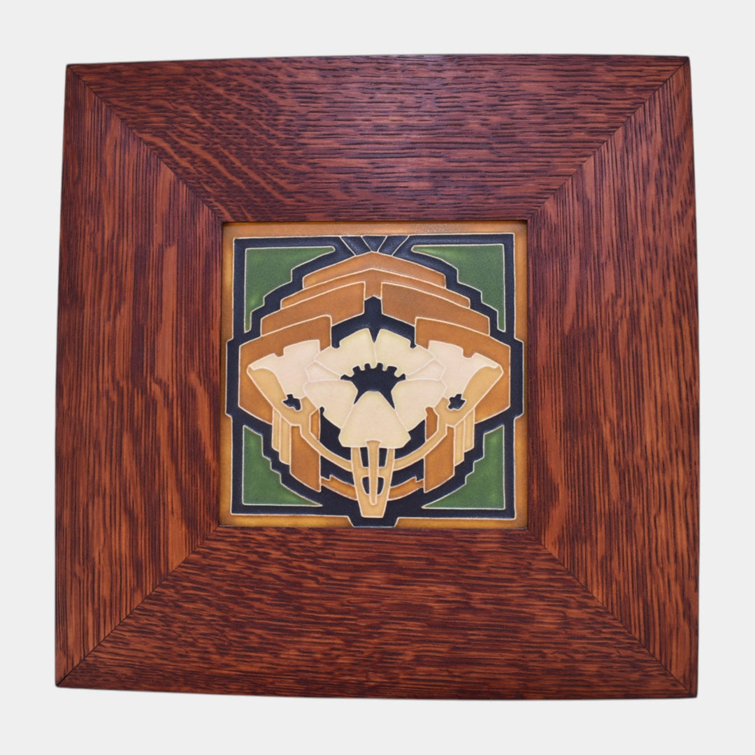 Motawi Tileworks Art Pottery Yellow And Green Oak Poppy Framed Tile - Just Art Pottery