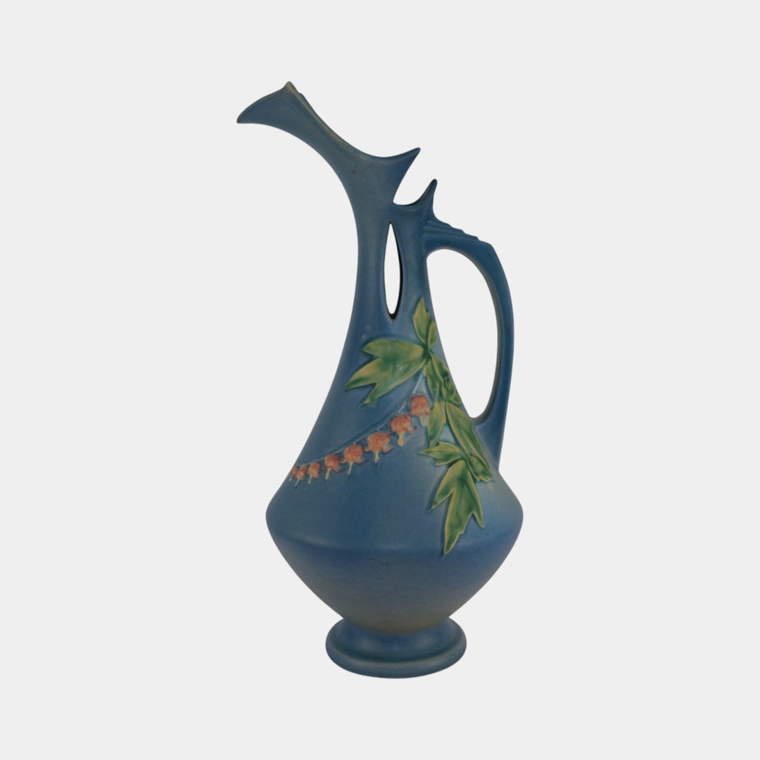 Roseville Bleeding Heart Blue Vintage Art Pottery Tall Ceramic Ewer 975-15