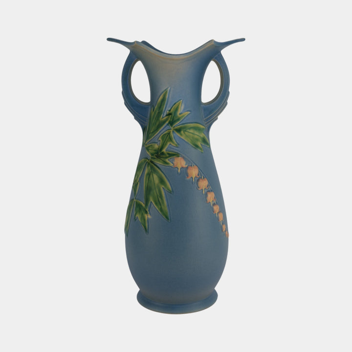 Roseville Bleeding Heart 1940 Vintage Art Pottery Blue Ceramic Vase 976-15