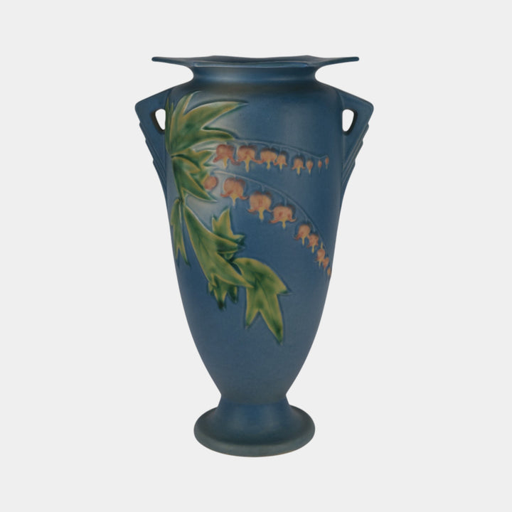 Roseville Bleeding Heart 1940 Vintage Art Deco Pottery Blue Ceramic Vase 974-12