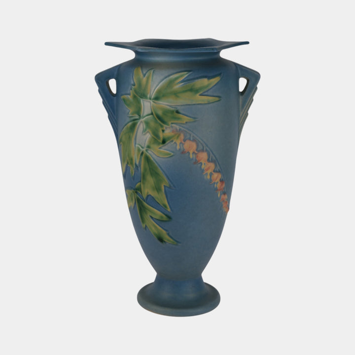 Roseville Bleeding Heart 1940 Vintage Art Deco Pottery Blue Ceramic Vase 974-12
