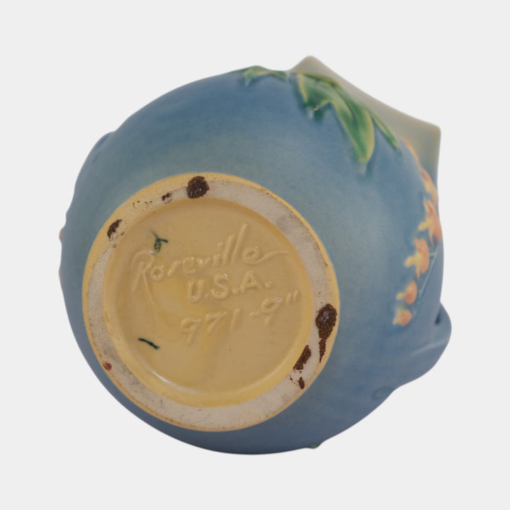 Roseville Bleeding Heart Blue 1940 Vintage Art Pottery Flower Vase 971-9