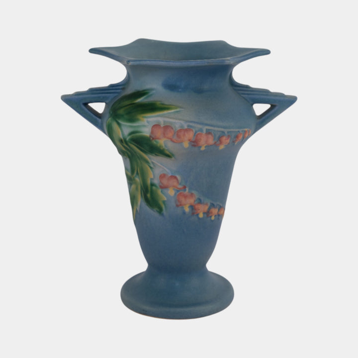 Roseville Bleeding Heart Blue 1940 Vintage Pottery Ceramic Handled Vase 965-7