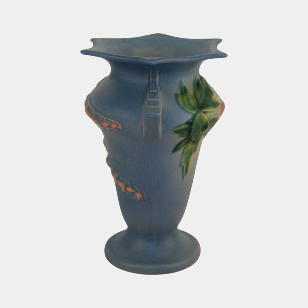 Roseville Bleeding Heart Blue 1940 Vintage Pottery Ceramic Handled Vase 965-7