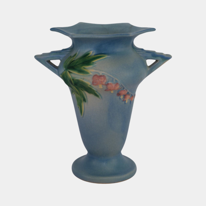 Roseville Bleeding Heart Blue 1940 Vintage Pottery Ceramic Handled Vase 965-7
