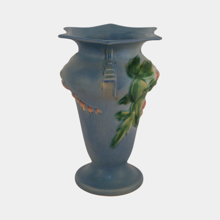 Roseville Bleeding Heart Blue 1940 Vintage Pottery Ceramic Handled Vase 965-7