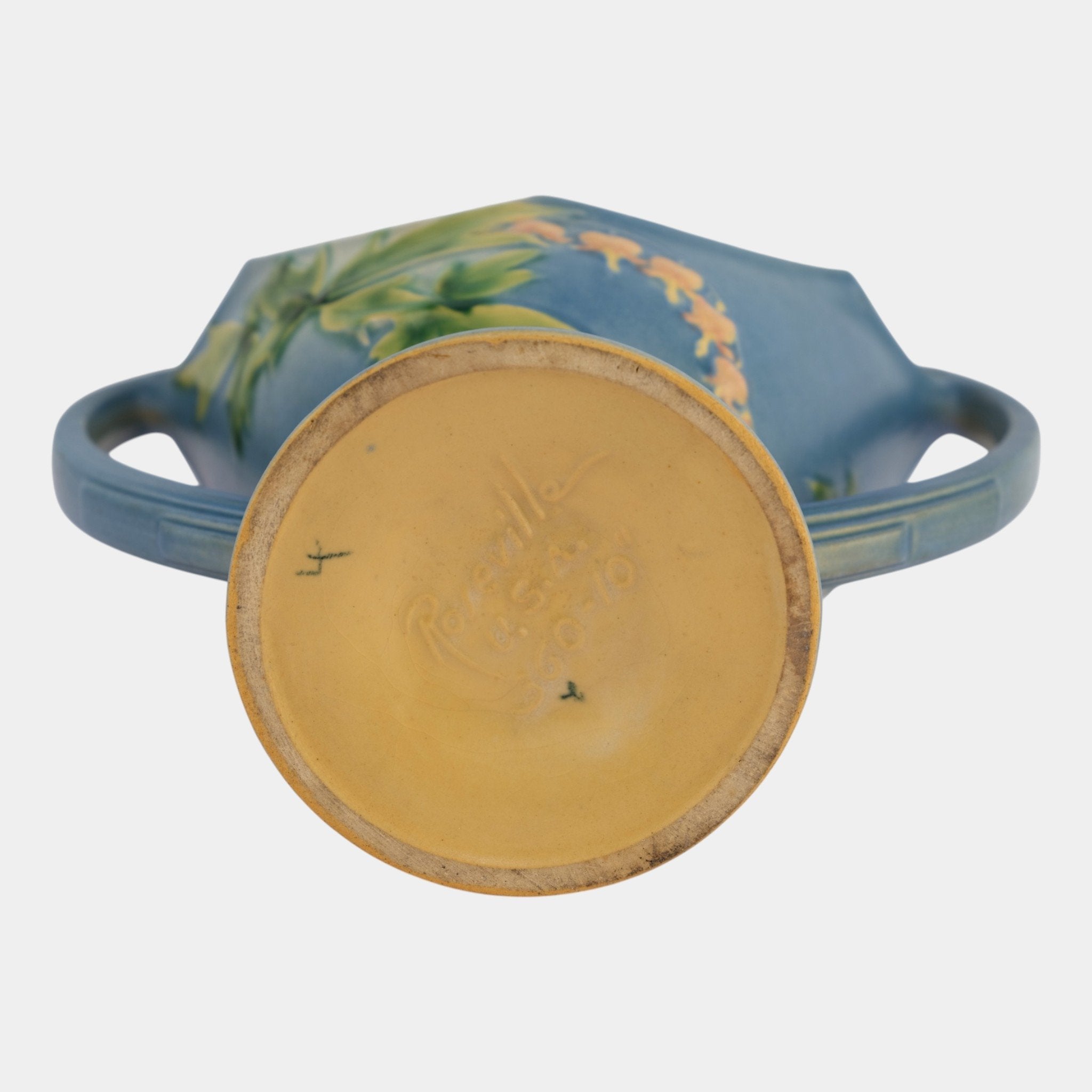 廃盤、ビンテージFleur de Rocaille ハート型 Roseville Bleeding Heart Blue 1940 Vintage Art Pottery Ceramic