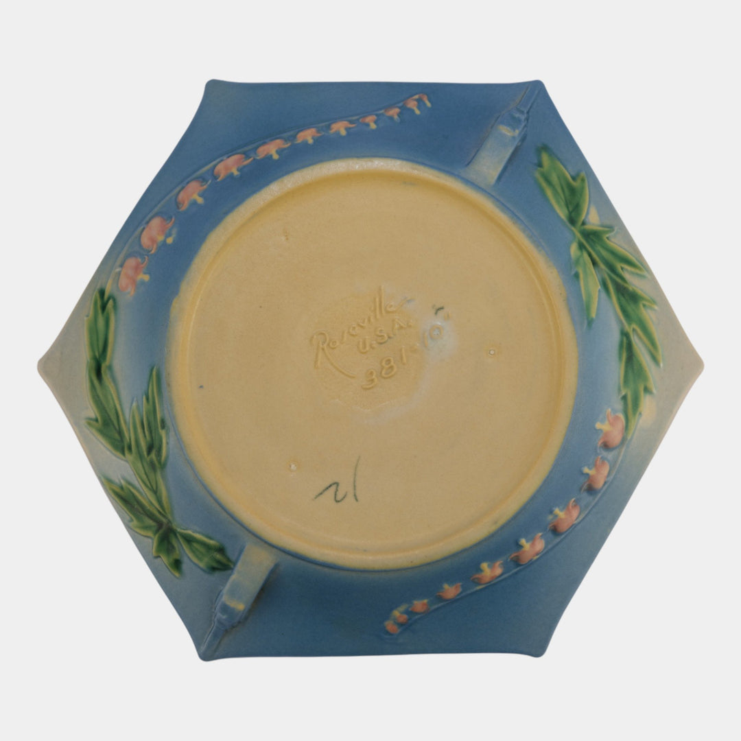 Roseville Bleeding Heart Blue 1940 Vintage Art Pottery Ceramic Bowl 381-10