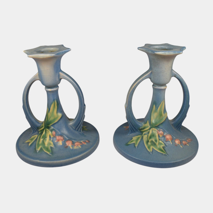Roseville Bleeding Heart Blue 1940 Vintage Art Pottery Candle Holders 1139-4