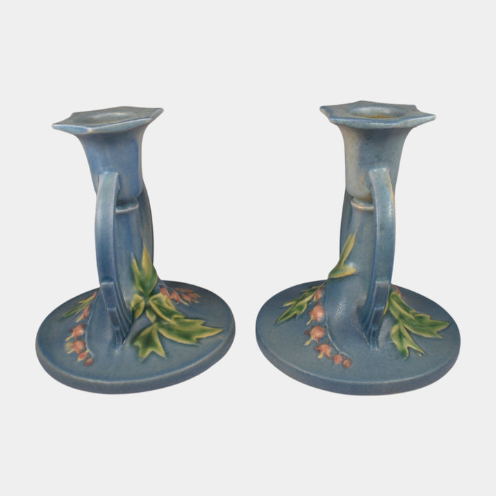 Roseville Bleeding Heart Blue 1940 Vintage Art Pottery Candle Holders 1139-4