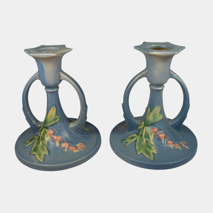 Roseville Bleeding Heart Blue 1940 Vintage Art Pottery Candle Holders 1139-4