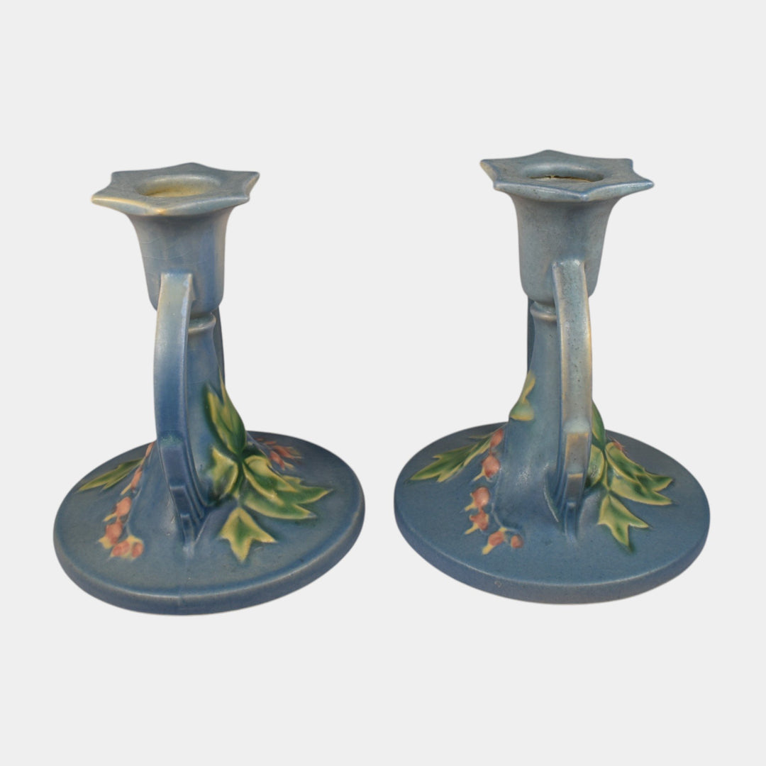 Roseville Bleeding Heart Blue 1940 Vintage Art Pottery Candle Holders 1139-4