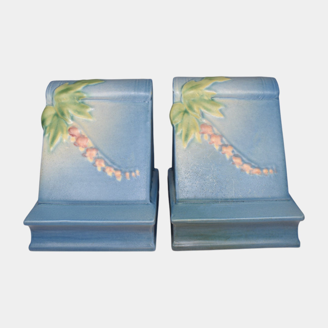 Roseville Bleeding Heart Blue 1940 Vintage Art Deco Pottery Ceramic Bookends 6