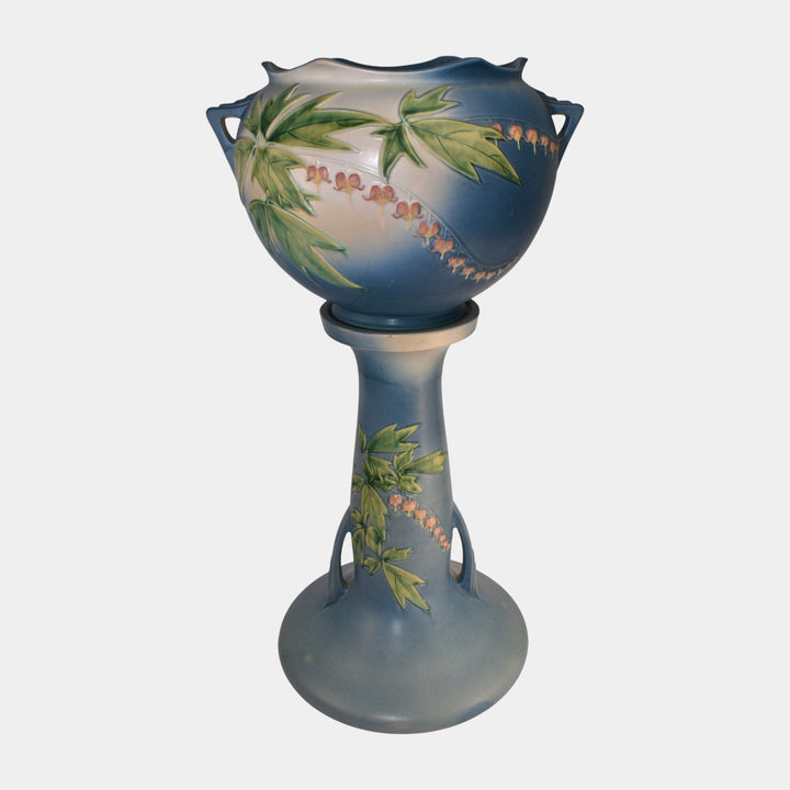 Roseville Bleeding Heart 1940 Vintage Pottery Blue Jardiniere Pedestal 651-10