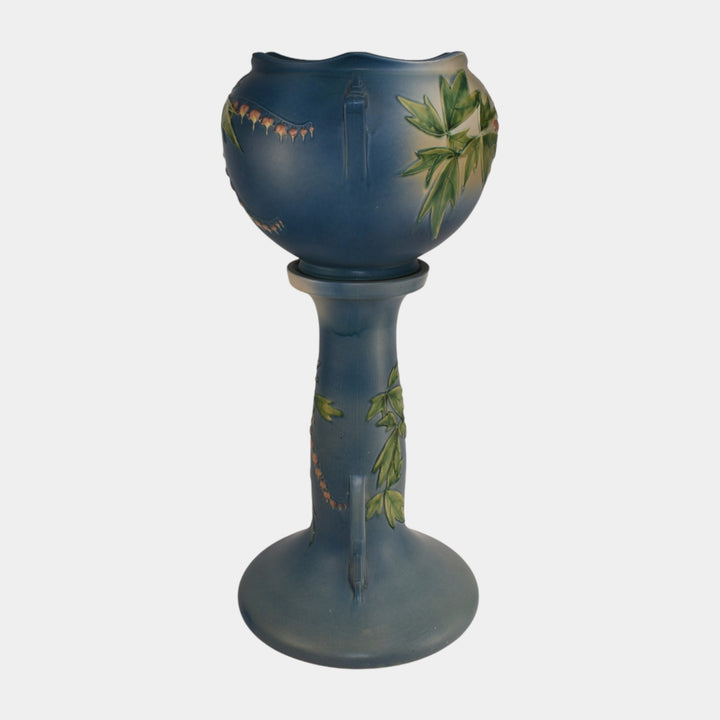 Roseville Bleeding Heart 1940 Vintage Pottery Blue Jardiniere Pedestal 651-10