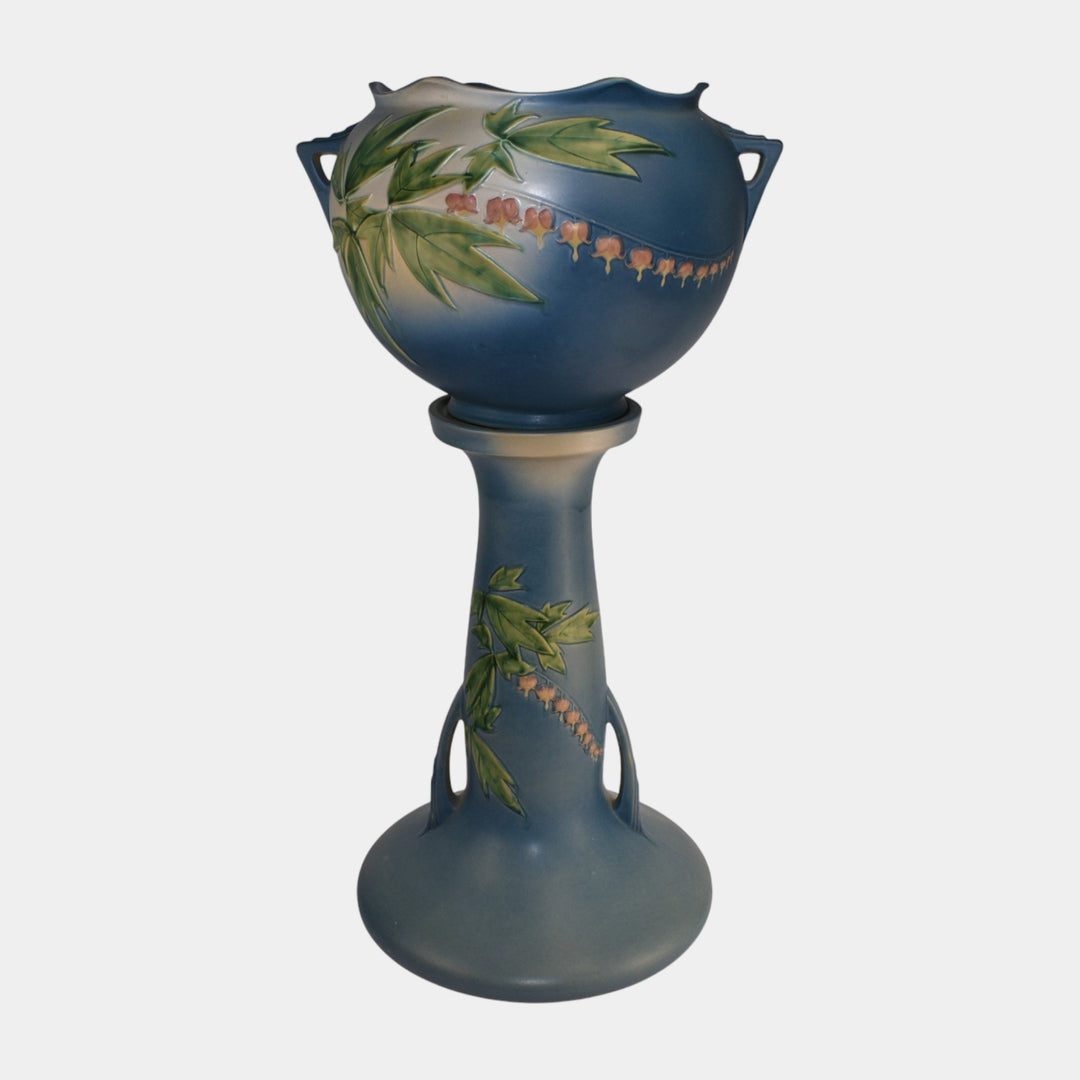 Roseville Bleeding Heart 1940 Vintage Pottery Blue Jardiniere Pedestal 651-10